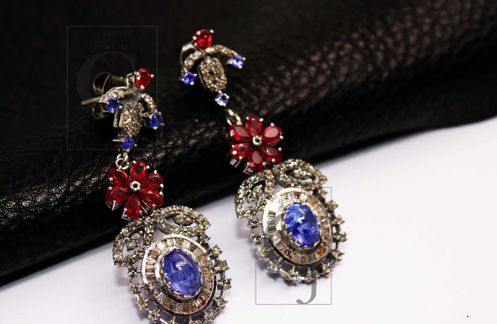 Natural Tanzanite earring ruby earring Rosecut pave diamond earrings 925 sterling silver handmade silver finish baguette diamond earring