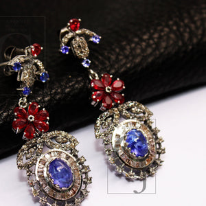 Natural Tanzanite earring ruby earring Rosecut pave diamond earrings 925 sterling silver handmade silver finish baguette diamond earring