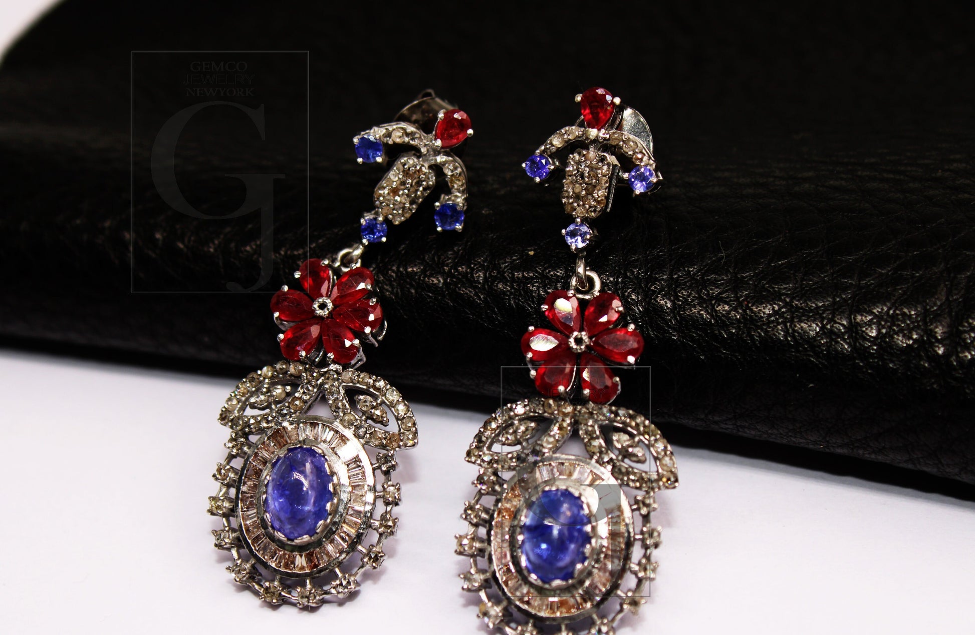 Natural Tanzanite earring ruby earring Rosecut pave diamond earrings 925 sterling silver handmade silver finish baguette diamond earring