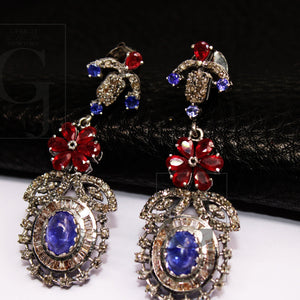 Natural Tanzanite earring ruby earring Rosecut pave diamond earrings 925 sterling silver handmade silver finish baguette diamond earring