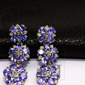 Natural Tanzanite Stone Designer Earring Rosecut Pave Diamond Earrings 925 Sterling Silver Handmade Silver Diamond Earring Antique Look