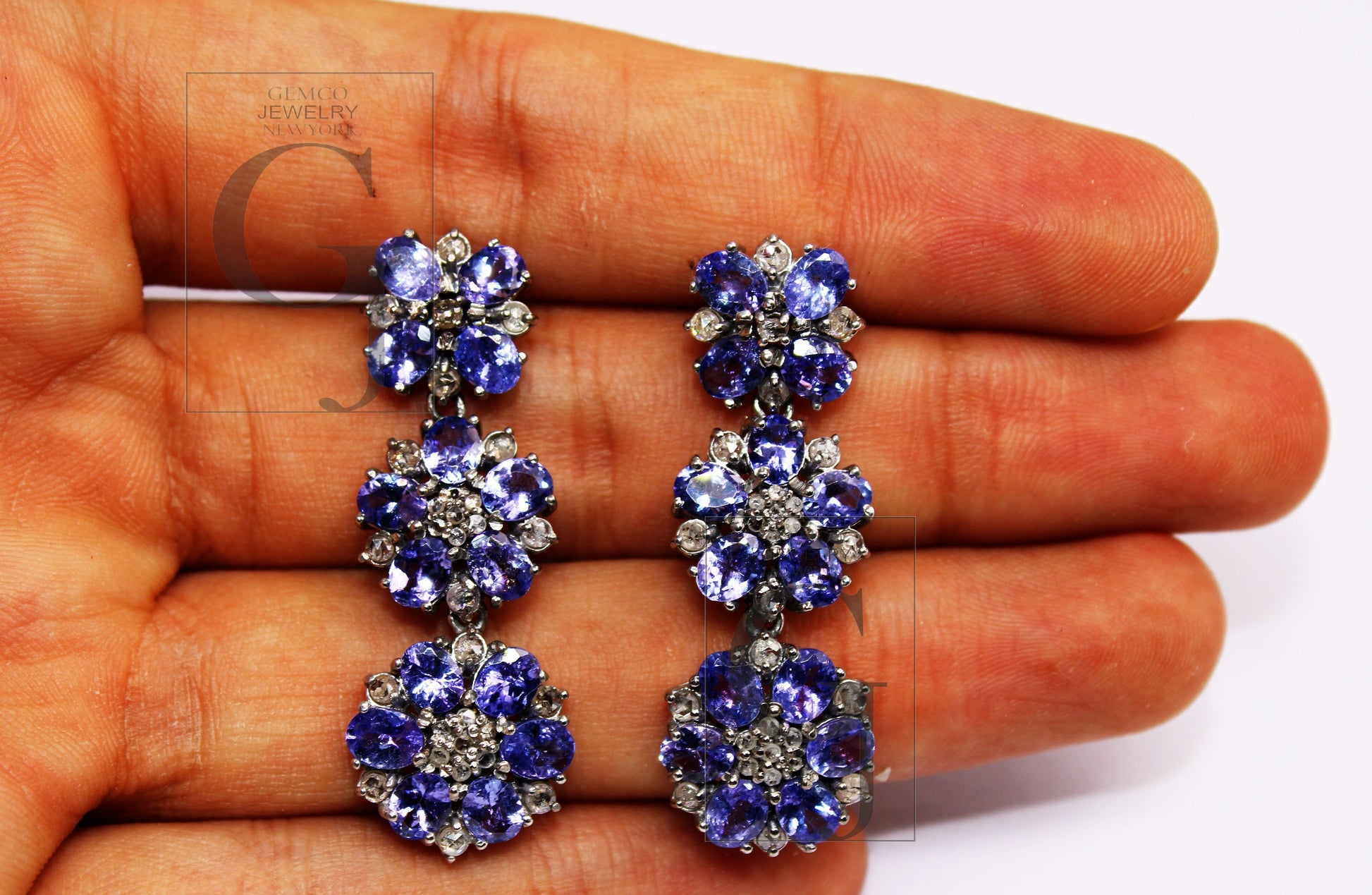 Natural Tanzanite Stone Designer Earring Rosecut Pave Diamond Earrings 925 Sterling Silver Handmade Silver Diamond Earring Antique Look