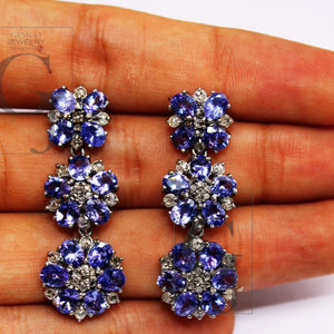 Natural Tanzanite Stone Designer Earring Rosecut Pave Diamond Earrings 925 Sterling Silver Handmade Silver Diamond Earring Antique Look