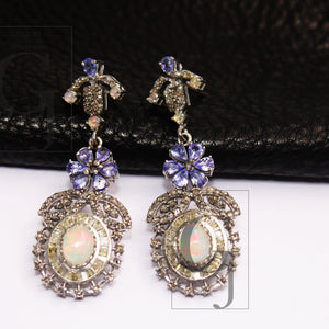 Natural Tanzanite Earring Opal Earring Rosecut Pave Diamond Earrings 925 Sterling Silver Handmade Silver Finish Baguette Diamond Earring