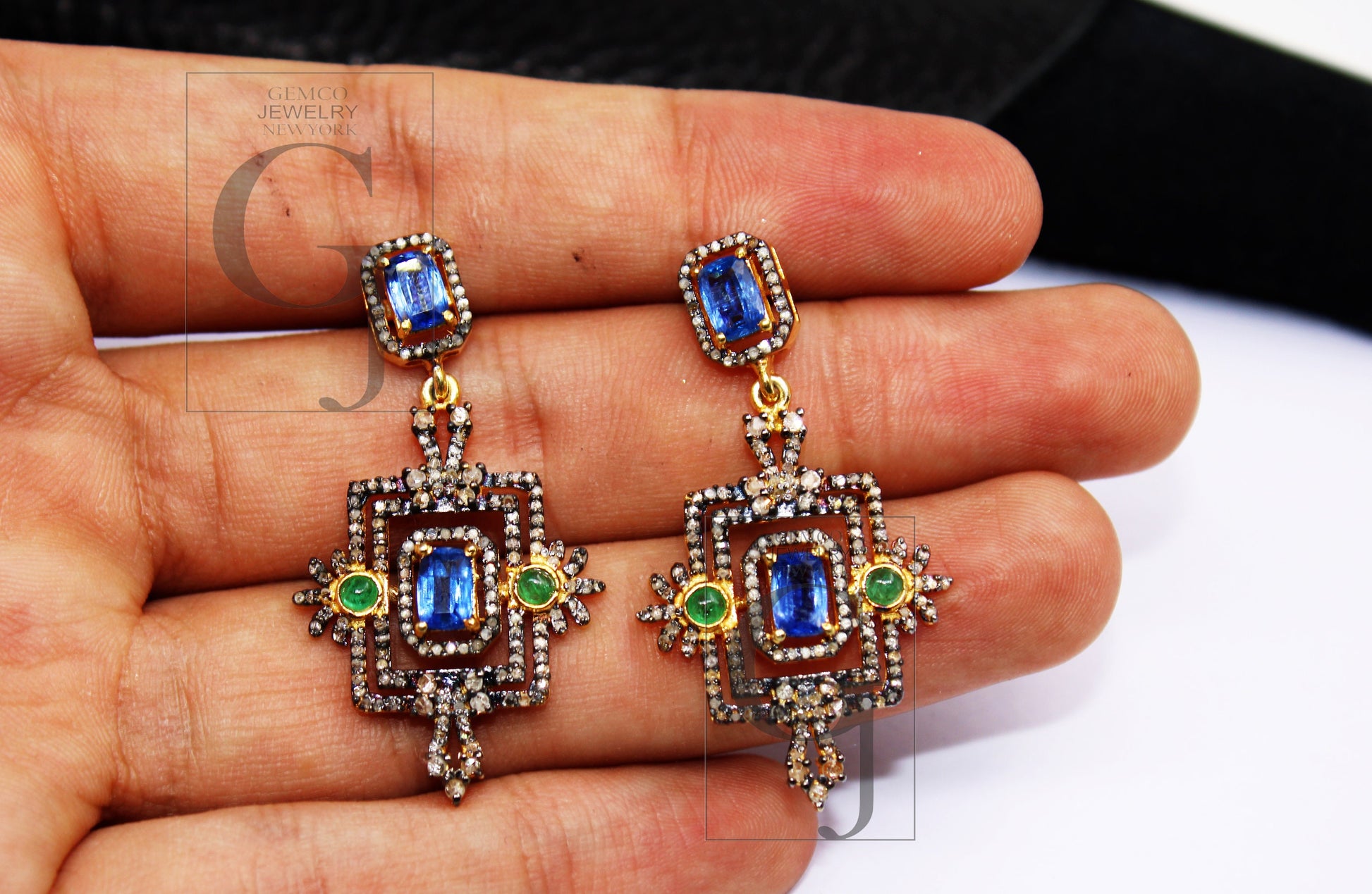 18k Gold Kyanite Emerald Earring Rosecut Pave Diamond Earrings 925 Sterling Silver Handmade Silver Finish Diamond Earring