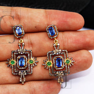 18k Gold Kyanite Emerald Earring Rosecut Pave Diamond Earrings 925 Sterling Silver Handmade Silver Finish Diamond Earring