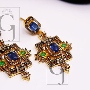 18k Gold Kyanite Emerald Earring Rosecut Pave Diamond Earrings 925 Sterling Silver Handmade Silver Finish Diamond Earring