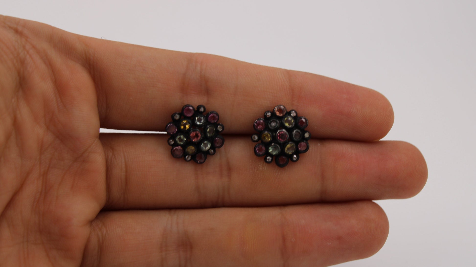 Multi Tourmaline Pave Rosecut Diamond 925 Sterling Silver Handmade Very Beautiful Tourmaline Diamond Pave Stud Earrings