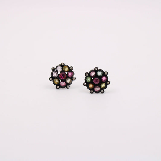 Beautiful Multi Tourmaline Pave Rosecut Diamond 925 Sterling Silver Handmade Very Beautiful Tourmaline Diamond Pave Stud Earrings