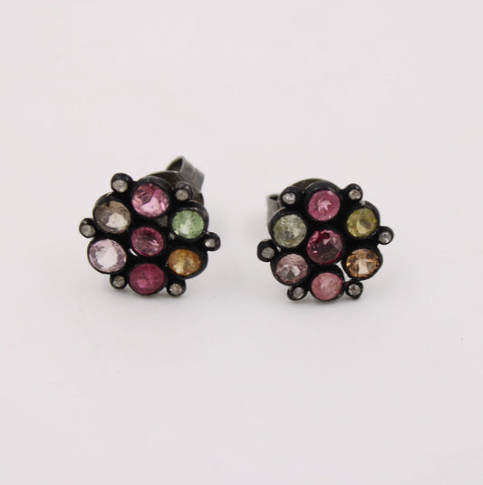 Beautiful Multi Tourmaline Pave Rosecut Diamond 925 Sterling Silver Handmade Very Beautiful Tourmaline Diamond Pave Stud Earrings