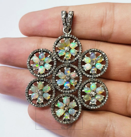 Very beautiful designer Rosecut pave diamond pendant 925 sterling silver handmade finish diamond opal / multi color tourmaline charm pendant