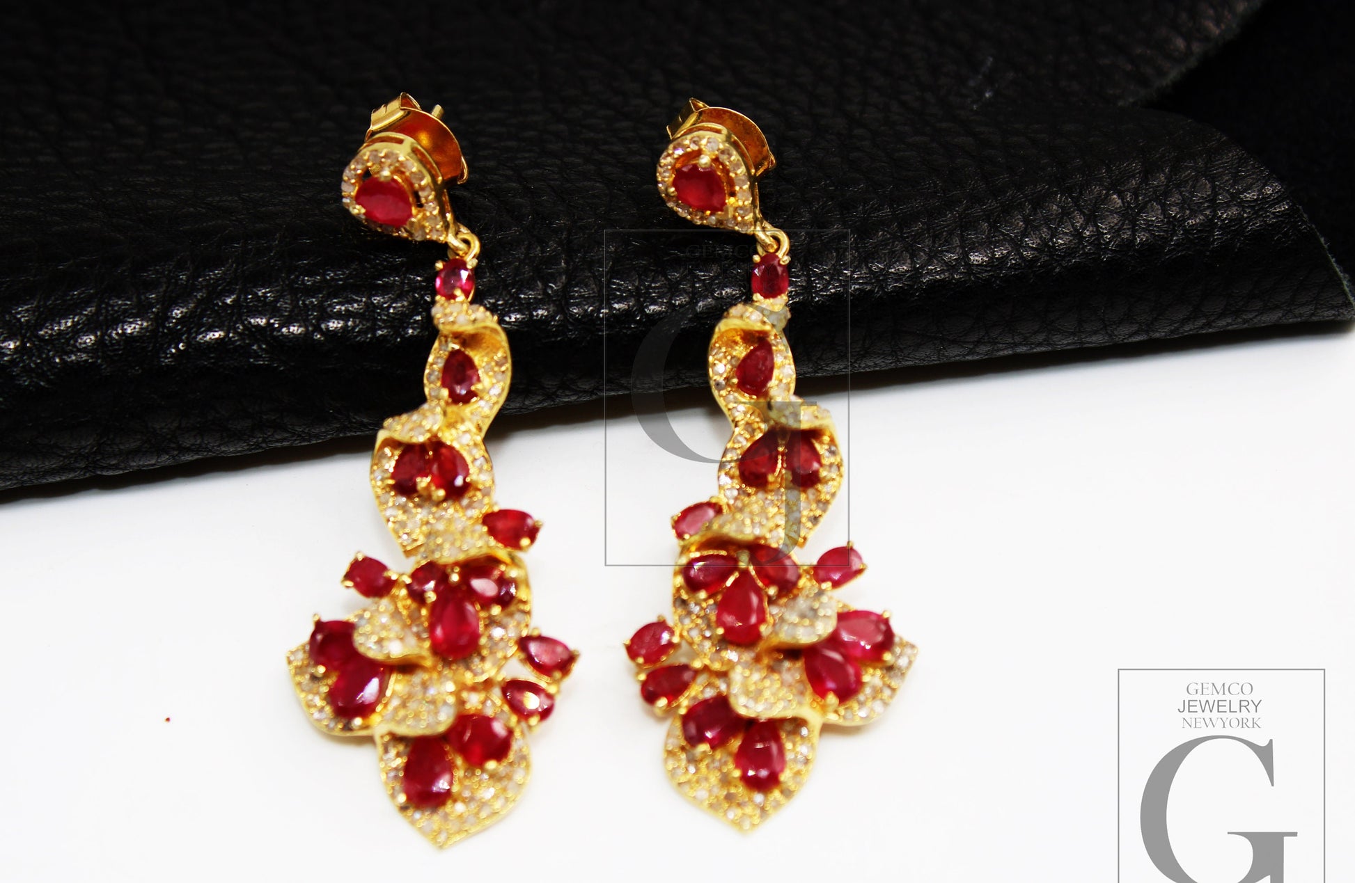 Fashionable 14k gold finish ruby earring designer earring Rosecut pave diamond earrings 925 sterling silver handmade silver diamond earring