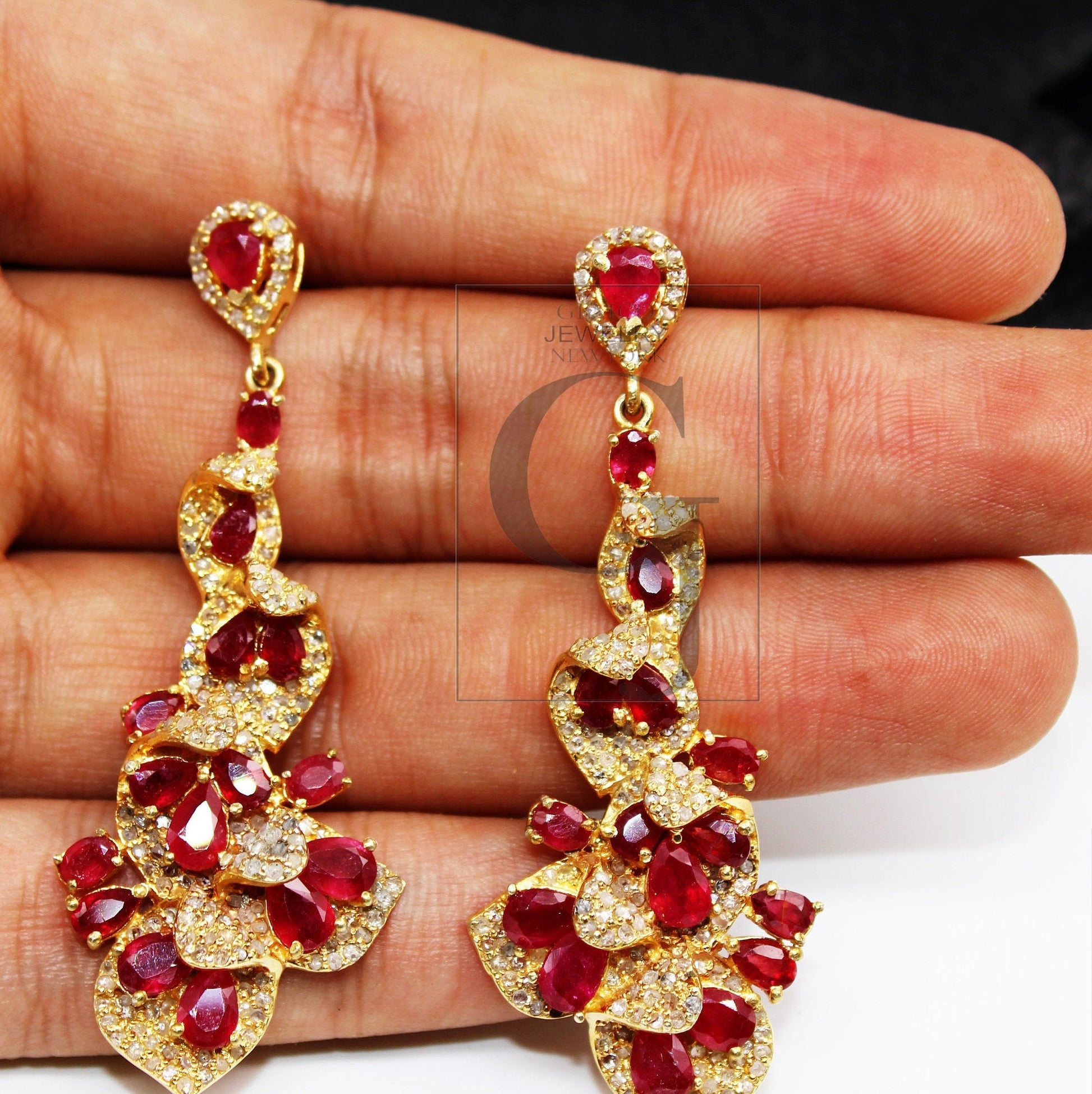 Fashionable 14k gold finish ruby earring designer earring Rosecut pave diamond earrings 925 sterling silver handmade silver diamond earring