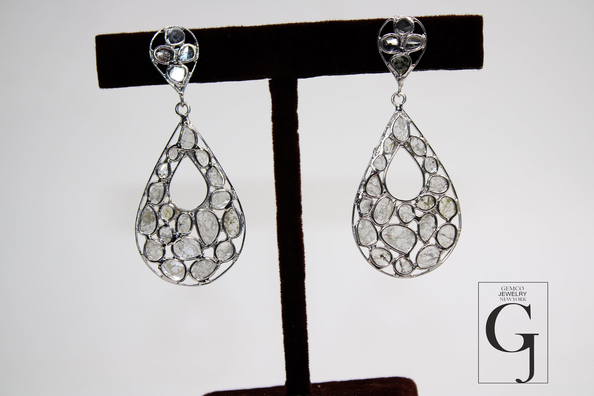 Teardrop shiny finish polki diamond earring Rosecut pave diamond earrings 925 sterling silver handmade silver finish flat diamond earrings