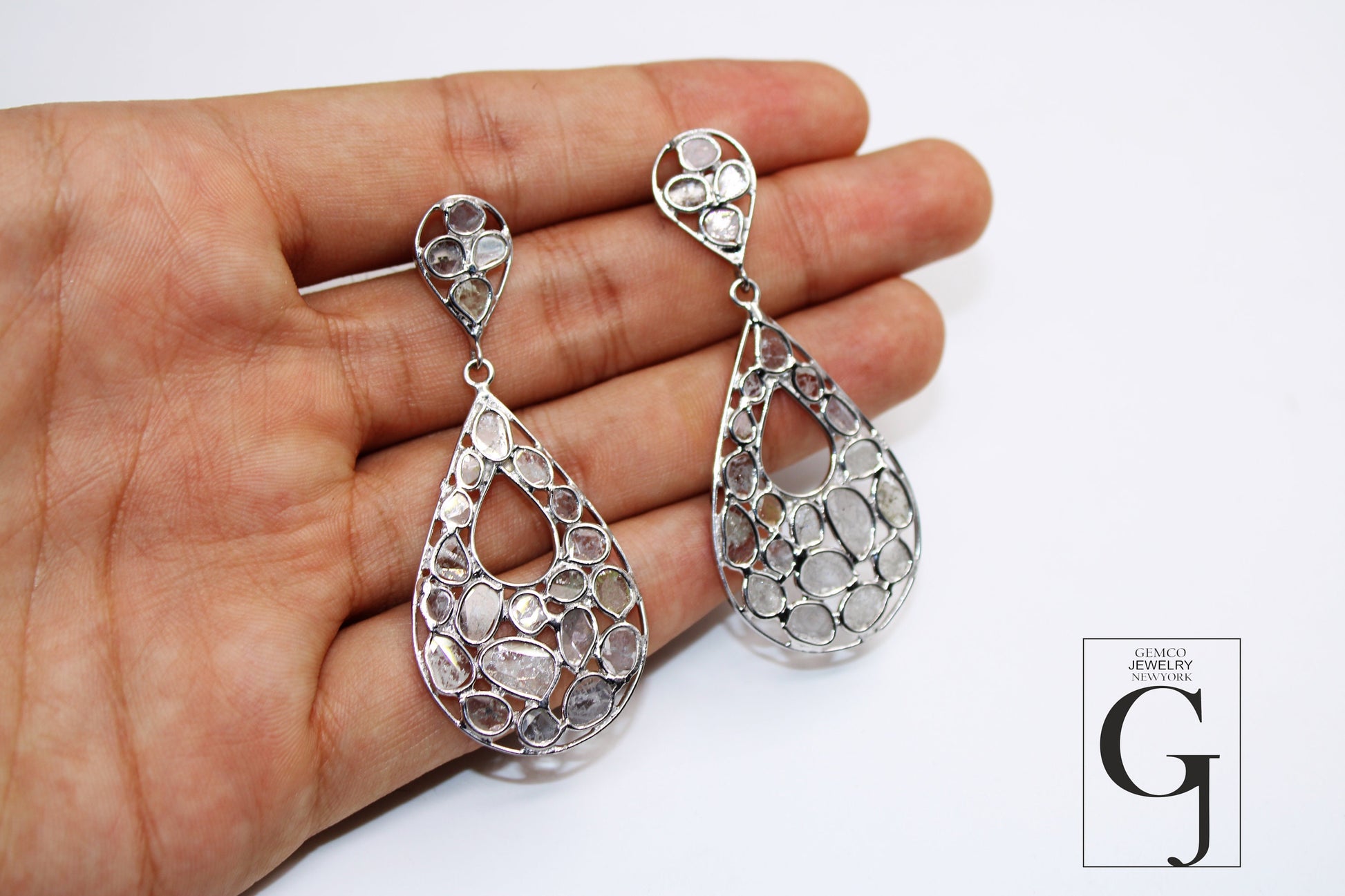 Teardrop shiny finish polki diamond earring Rosecut pave diamond earrings 925 sterling silver handmade silver finish flat diamond earrings