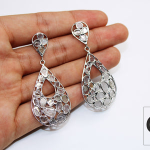 Teardrop shiny finish polki diamond earring Rosecut pave diamond earrings 925 sterling silver handmade silver finish flat diamond earrings