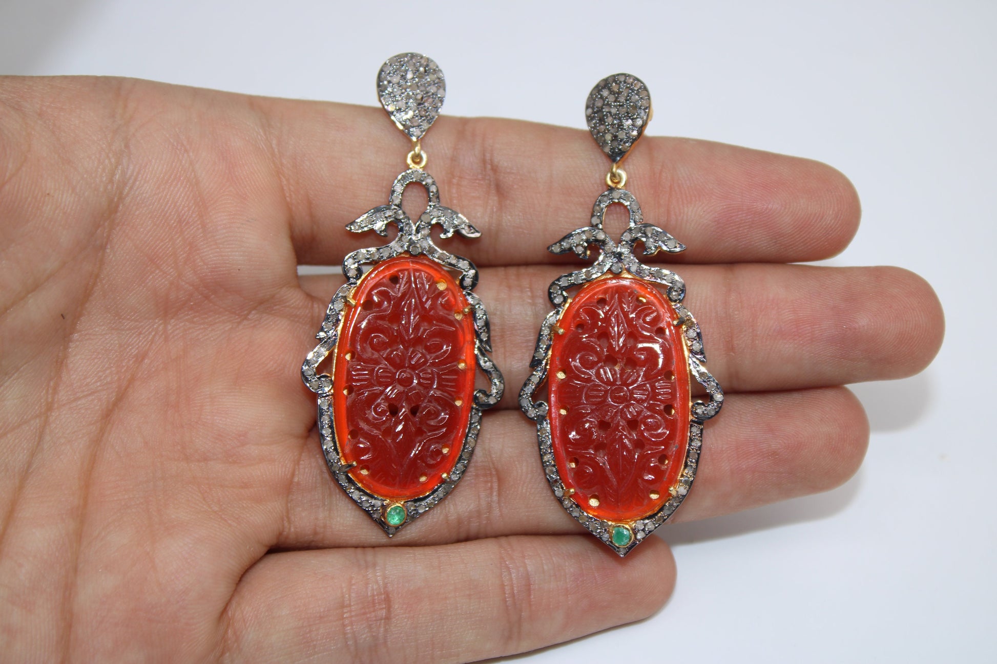 Very Beautiful Red Onyx Carving Stone Designer Rosecut Pave Diamond Earrings 925 Sterling Silver Finish Antique Look Handmade  Earrings