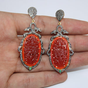 Very Beautiful Red Onyx Carving Stone Designer Rosecut Pave Diamond Earrings 925 Sterling Silver Finish Antique Look Handmade  Earrings