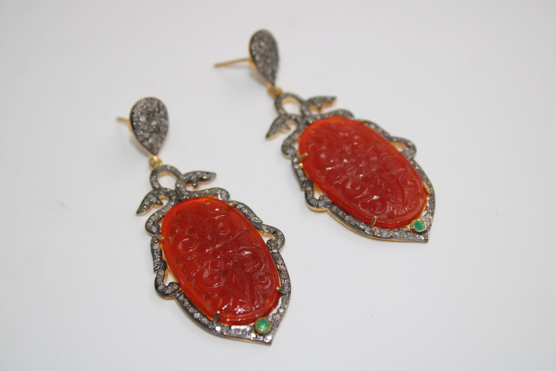 Very Beautiful Red Onyx Carving Stone Designer Rosecut Pave Diamond Earrings 925 Sterling Silver Finish Antique Look Handmade  Earrings