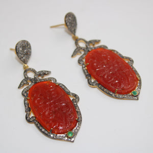 Very Beautiful Red Onyx Carving Stone Designer Rosecut Pave Diamond Earrings 925 Sterling Silver Finish Antique Look Handmade  Earrings