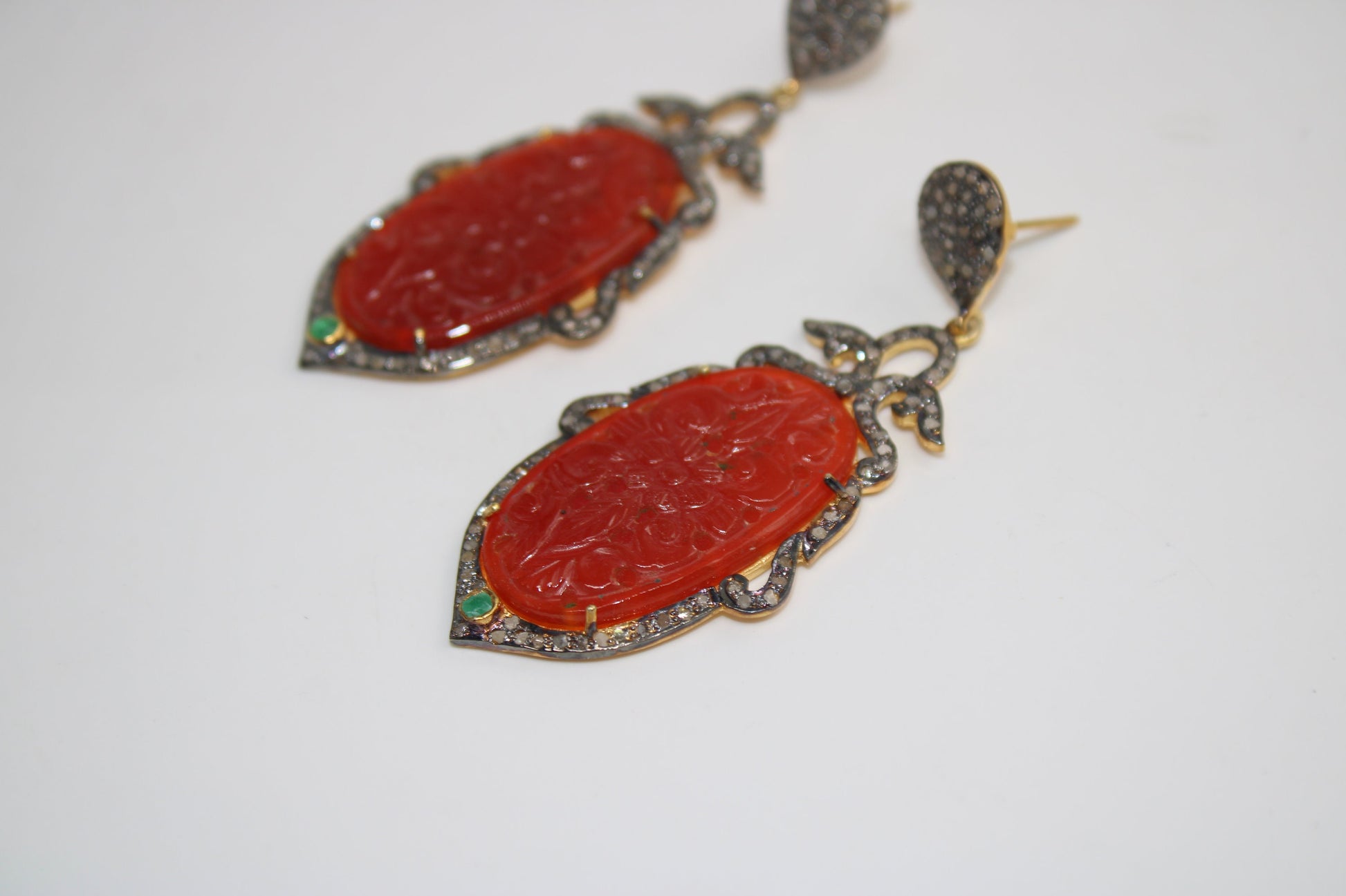 Very Beautiful Red Onyx Carving Stone Designer Rosecut Pave Diamond Earrings 925 Sterling Silver Finish Antique Look Handmade  Earrings