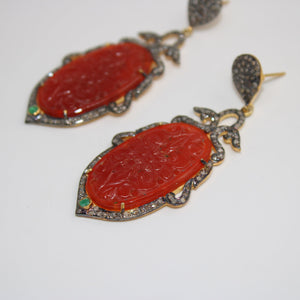 Very Beautiful Red Onyx Carving Stone Designer Rosecut Pave Diamond Earrings 925 Sterling Silver Finish Antique Look Handmade  Earrings