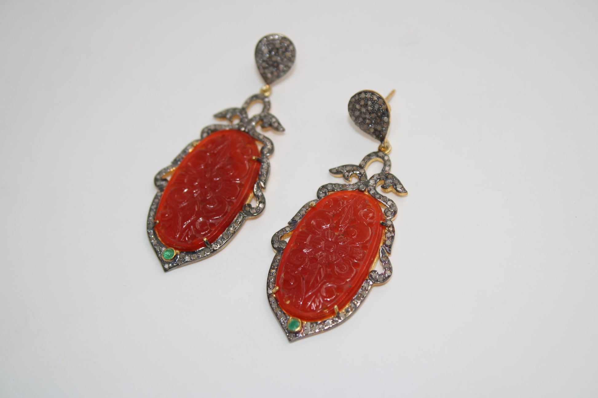 Very Beautiful Red Onyx Carving Stone Designer Rosecut Pave Diamond Earrings 925 Sterling Silver Finish Antique Look Handmade  Earrings