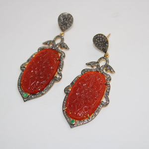 Very Beautiful Red Onyx Carving Stone Designer Rosecut Pave Diamond Earrings 925 Sterling Silver Finish Antique Look Handmade  Earrings