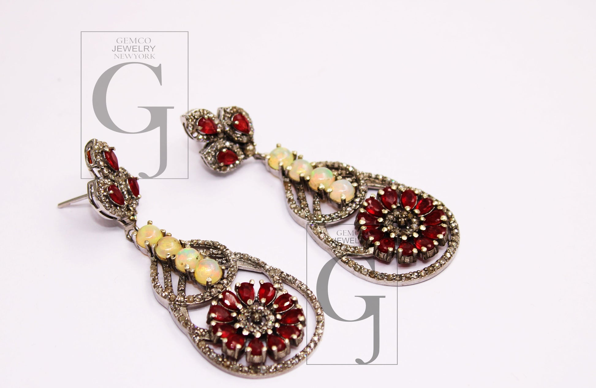 Fashionable Opal earring, red ruby earring designer Rosecut pave diamond earrings 925 sterling silver handmade silver finish diamond earring