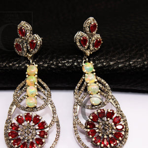 Fashionable Opal earring, red ruby earring designer Rosecut pave diamond earrings 925 sterling silver handmade silver finish diamond earring