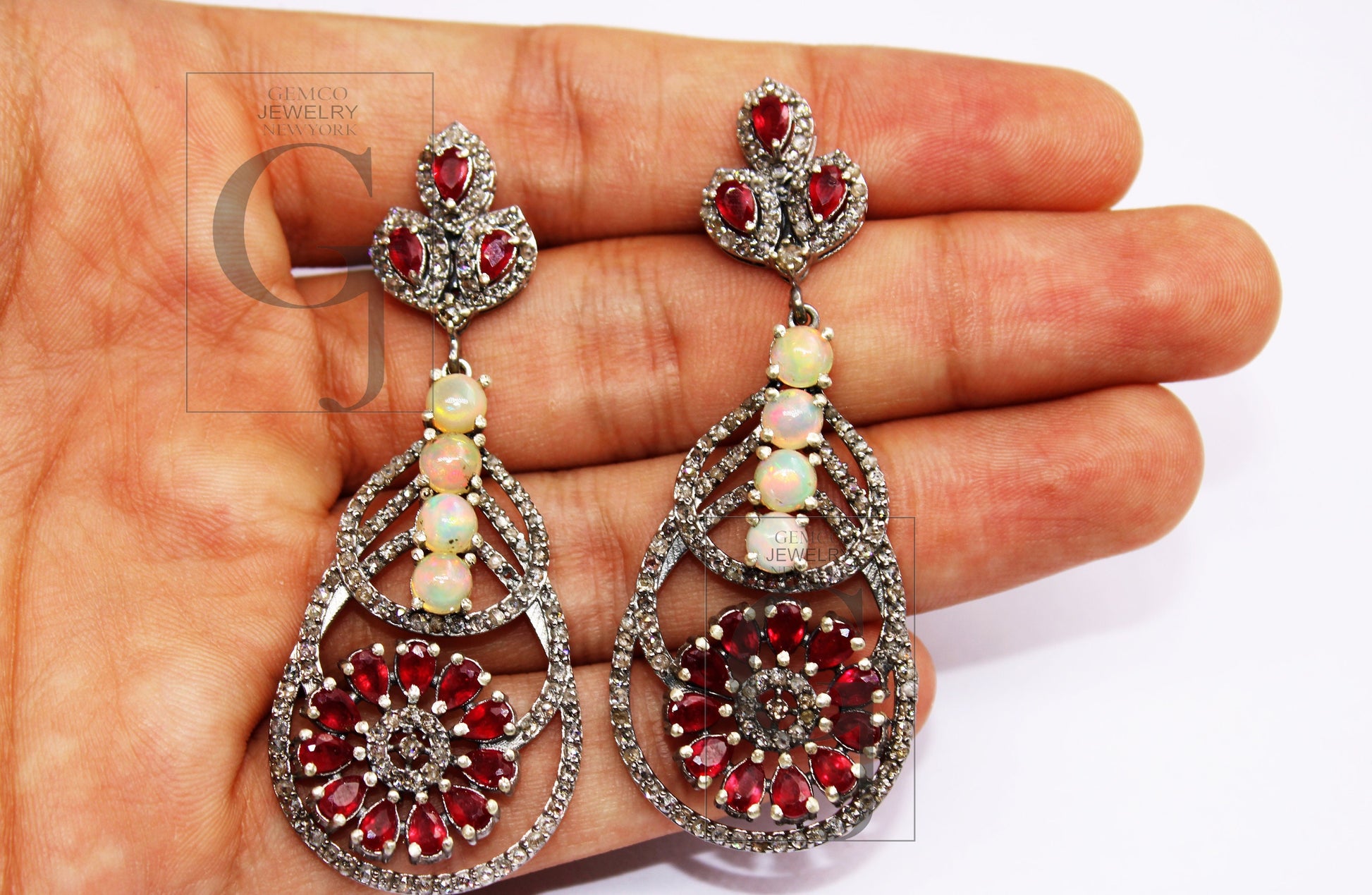 Fashionable Opal earring, red ruby earring designer Rosecut pave diamond earrings 925 sterling silver handmade silver finish diamond earring