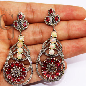 Fashionable Opal earring, red ruby earring designer Rosecut pave diamond earrings 925 sterling silver handmade silver finish diamond earring