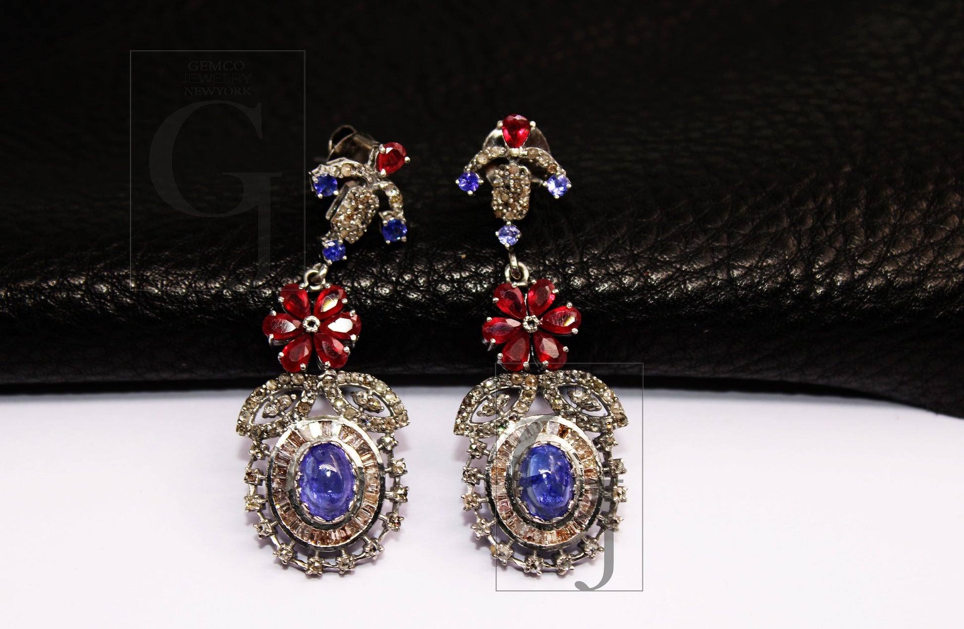 Natural Tanzanite earring ruby earring Rosecut pave diamond earrings 925 sterling silver handmade silver finish baguette diamond earring