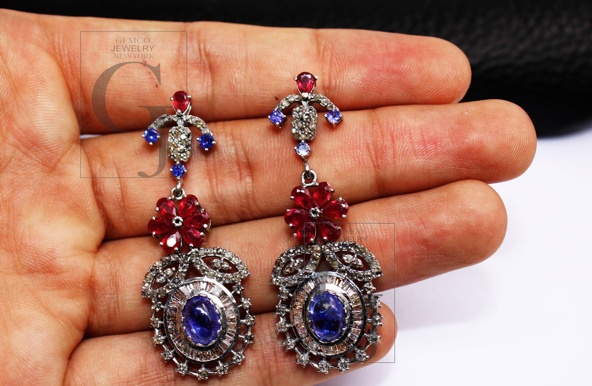 Natural Tanzanite earring ruby earring Rosecut pave diamond earrings 925 sterling silver handmade silver finish baguette diamond earring