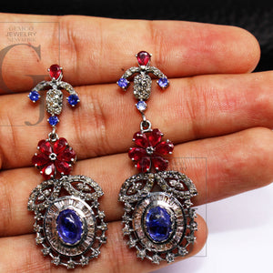 Natural Tanzanite earring ruby earring Rosecut pave diamond earrings 925 sterling silver handmade silver finish baguette diamond earring