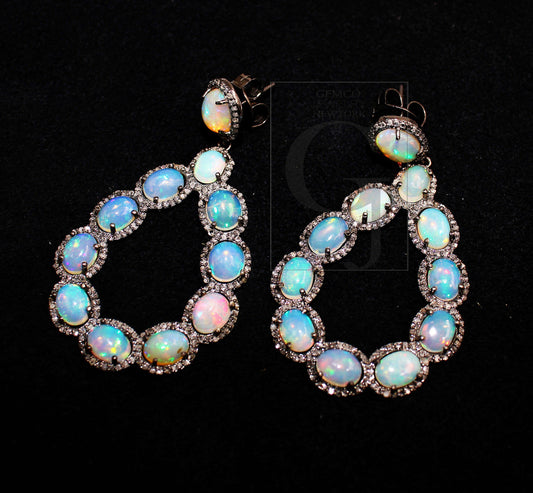 Beautiful natural Opal earring designer earring Rosecut pave diamond earrings 925 sterling silver handmade silver diamond earring jewelry