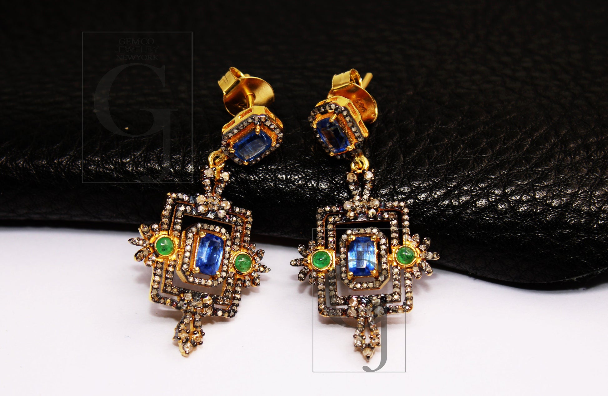 18k Gold Kyanite Emerald Earring Rosecut Pave Diamond Earrings 925 Sterling Silver Handmade Silver Finish Diamond Earring