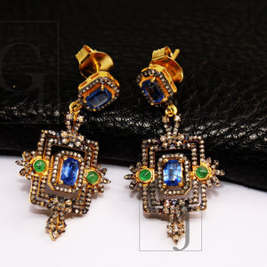 18k Gold Kyanite Emerald Earring Rosecut Pave Diamond Earrings 925 Sterling Silver Handmade Silver Finish Diamond Earring