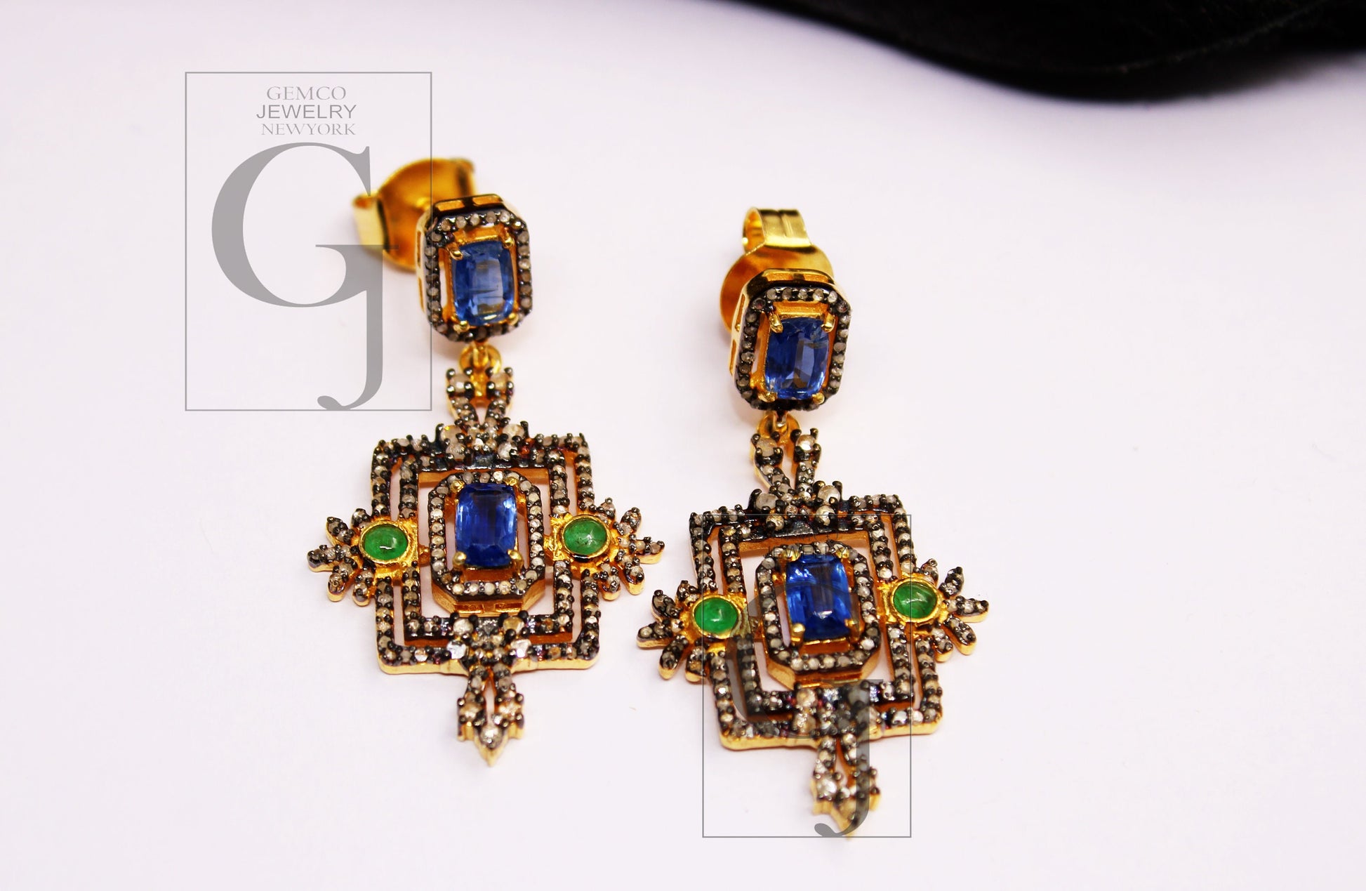 18k Gold Kyanite Emerald Earring Rosecut Pave Diamond Earrings 925 Sterling Silver Handmade Silver Finish Diamond Earring