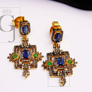 18k Gold Kyanite Emerald Earring Rosecut Pave Diamond Earrings 925 Sterling Silver Handmade Silver Finish Diamond Earring