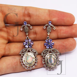 Natural Tanzanite Earring Opal Earring Rosecut Pave Diamond Earrings 925 Sterling Silver Handmade Silver Finish Baguette Diamond Earring