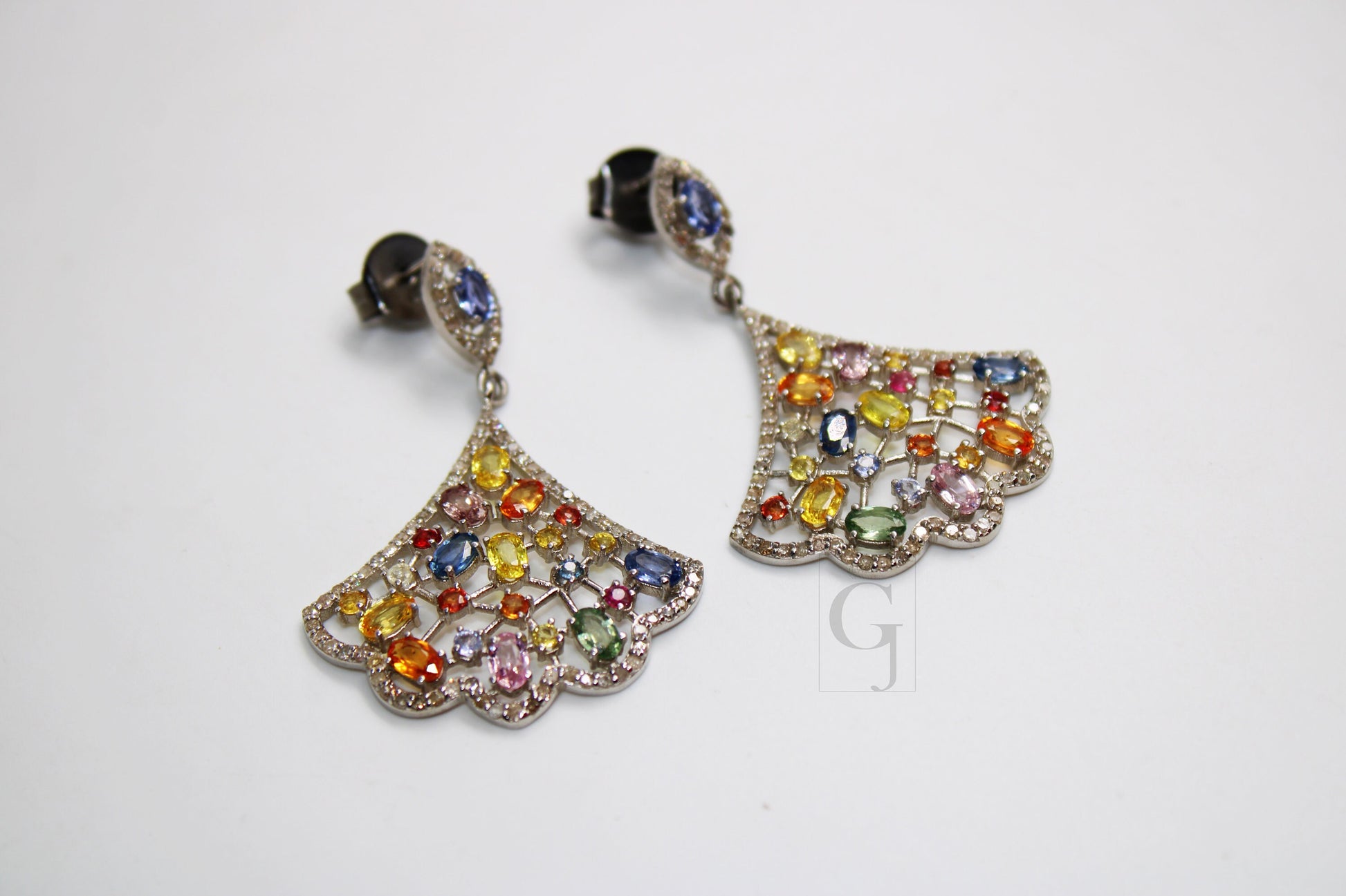 Very beautiful multi sapphire earring Rosecut pave diamond earrings 925 sterling silver handmade silver finish diamond earring