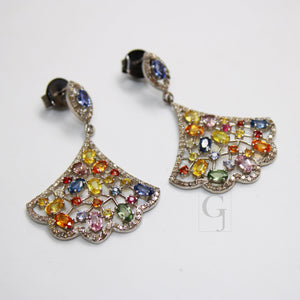 Very beautiful multi sapphire earring Rosecut pave diamond earrings 925 sterling silver handmade silver finish diamond earring