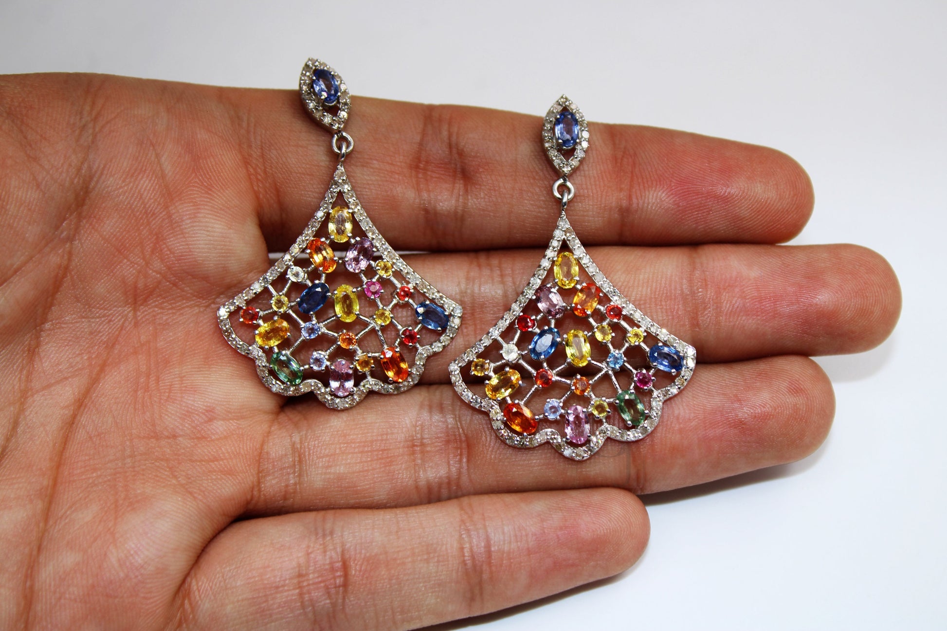 Very beautiful multi sapphire earring Rosecut pave diamond earrings 925 sterling silver handmade silver finish diamond earring