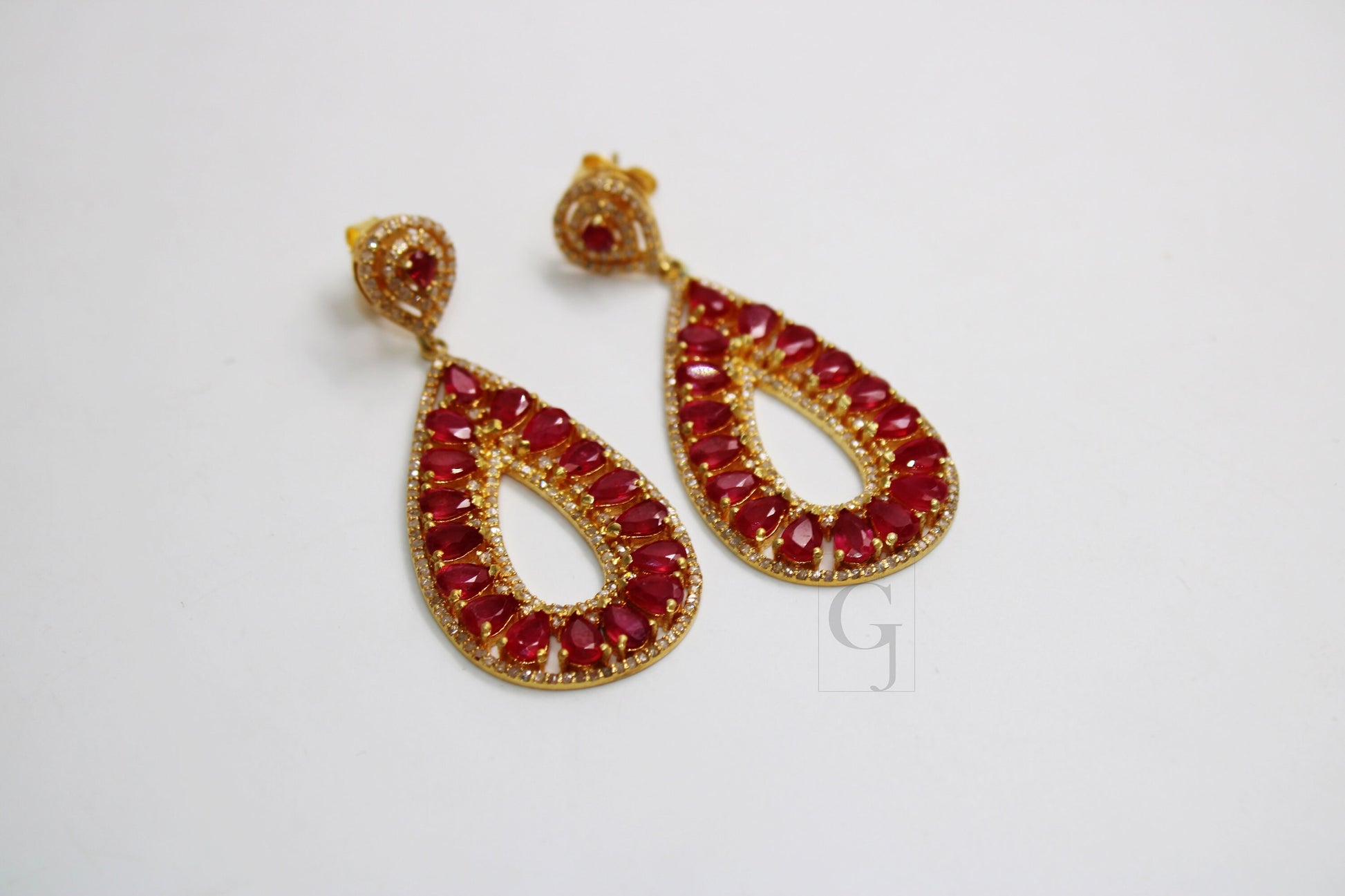 18k Gold Designer Ruby Earring Rosecut Pave Diamond Earrings 925 Sterling Silver Handmade Silver Finish Diamond Earring