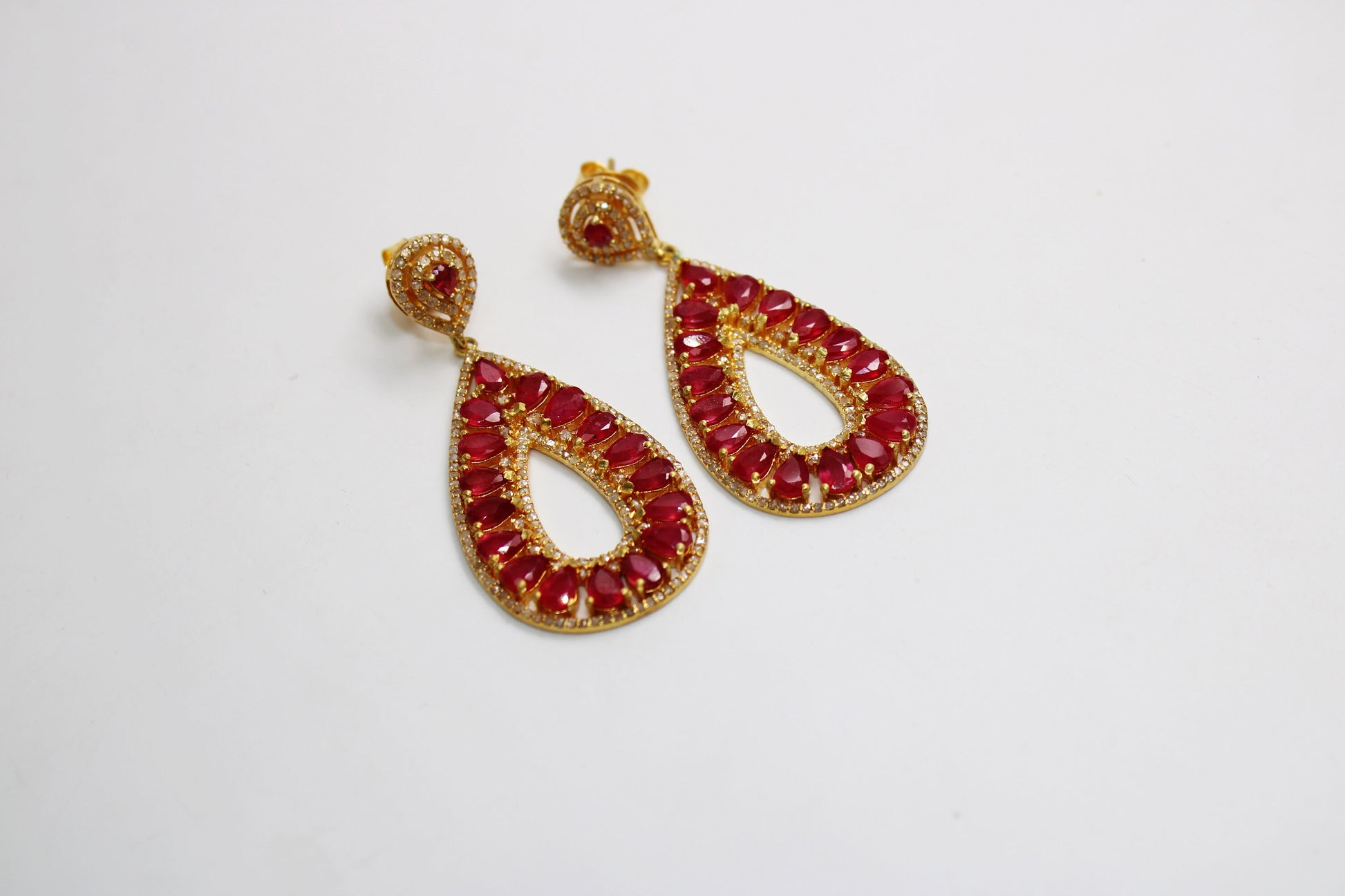 18k Gold Designer Ruby Earring Rosecut Pave Diamond Earrings 925 Sterling Silver Handmade Silver Finish Diamond Earring