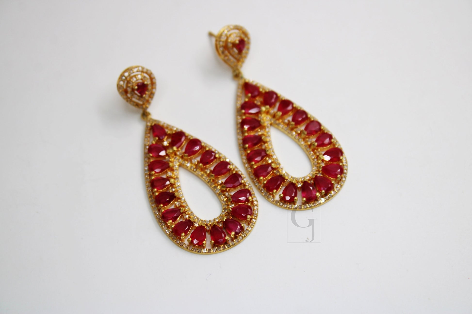 18k Gold Designer Ruby Earring Rosecut Pave Diamond Earrings 925 Sterling Silver Handmade Silver Finish Diamond Earring