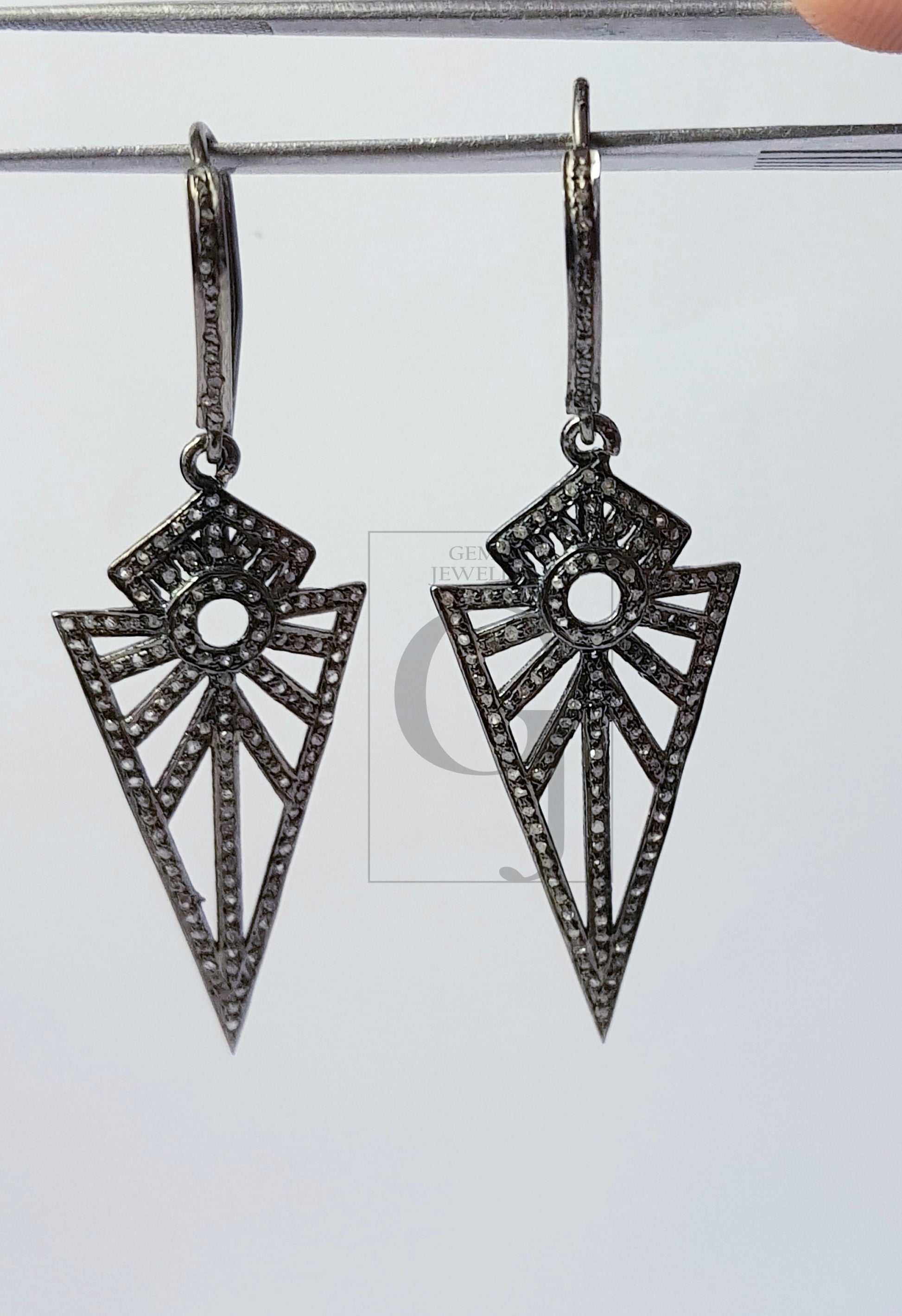 Antique look oxidized Arrow head designer earrings Rosecut pave diamond earrings 925 sterling silver handmade silver finish diamond earrings