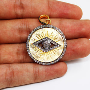 14k Gold Evil Eye Pendant Designer Rosecut Pave Diamond Pendant 925 Sterling Silver Handmade Finish Diamond Charms Necklace Pendant