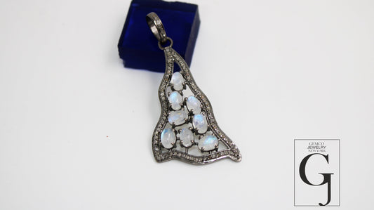 Fashionable moonstone pendant designer Rosecut pave diamond pendant 925 sterling silver handmade finish diamond charms necklace pendant